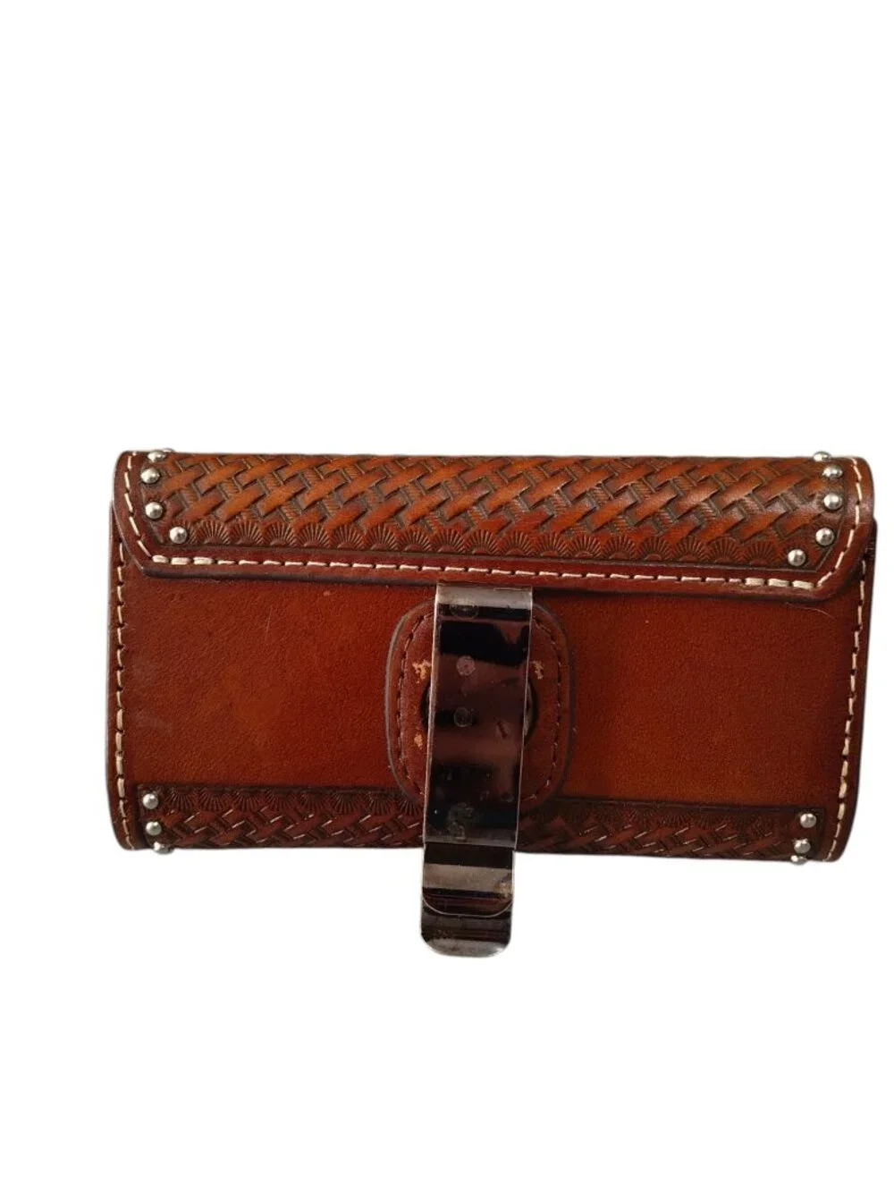 Nocona Basket Weave Brown Leather Belt Pouch Silver Studs With Clip Western